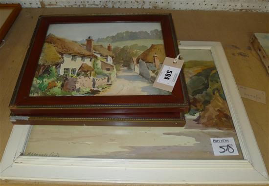 Harry Edmonds Crute, pair of watercolours of cottages and another of a coastal scene(-)